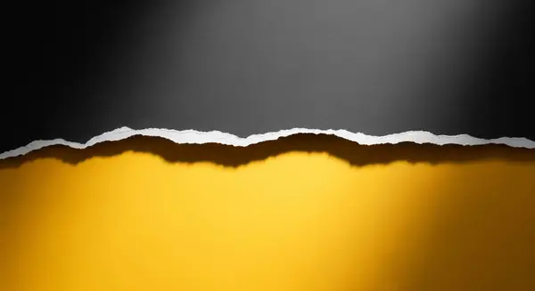 Yatay olarak yırtılmış koyu gri bir kağıt parçasının çarpıcı görüntüsü altında parlak sarı bir zemin ortaya çıkarıyor. Yırtık kenar ince bir gölge bırakır, derinlik ve kontrastlık yaratır..