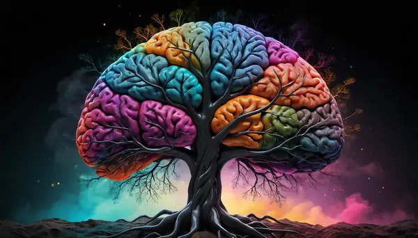 Gerçeküstü, renkli bir beyin derin kökleri ve dalları olan bir ağaca dönüşmüş canlı, bulutlu bir gökyüzüne doğru uzanan. Fikirlerin ve bilginin büyümesini sembolize eder..