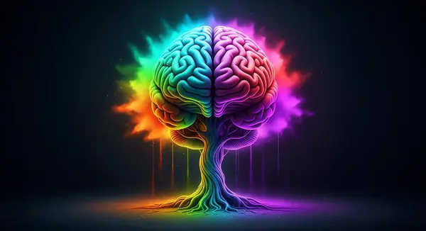 Gerçeküstü bir görüntü, insan beynini kökleri yayılan bir ağaç ve lobundan koyu bir arka plana doğru yayılan canlı bir gökkuşağı aurası olarak tasvir eder..