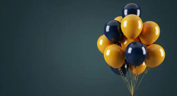 Parlak mavi ve sarı balonlardan oluşan bir küme yukarı doğru yüzer, ince altın kurdelelerle koyu bir deniz mavisi zeminine bağlanır. Balonlar dinamik, kutlama kompozisyonu olarak düzenlenmiştir..