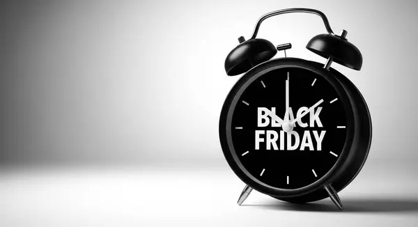 Yüzünde belirgin 'Kara Cuma' resmi olan klasik bir siyah alarm saati. Saat beyaz bir yüzeyde, gri bir arkaplanı var ve geniş bir kopya alanı sunuyor..