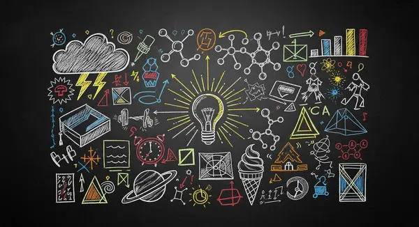 Bu resim, ampul, bilimsel formüller, gezegenler ve eğitimsel semboller gibi elementlerin geniş bir bilgi yelpazesini temsil ettiği bir karatahta canlı bir tebeşir çizim koleksiyonunu gösteriyor..