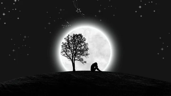 Meisje Het Donker Maanlicht Silhouet Bureaublad Achtergrond — Stockfoto