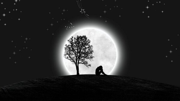 Girl in the Dark Moonlight Silhouette Desktop Wallpaper