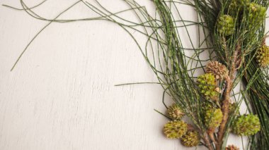 Ahşap masada koni olan Noel ağacı.