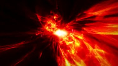 Büyüleyici bir 3 boyutlu animasyon. Kırmızı ışık kabarcıkları ve parlak çizgiler var. Büyüleyici bir siyah arka planda geçiyor..