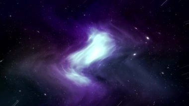 Koyu mavi-mor derinlikten uçan beyaz toz, yavaş çekim, siyah arka plan uzayı, galaksi.