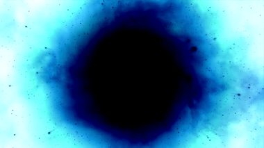 Beyaz bir zemin üzerinde dev kara delik ve uçan mavi toz parçacıkları, bir soyutlama.