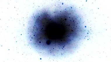 Kara delik yıldızı ve uçan mavi toz parçacıkları, beyaz arkaplan, soyut.
