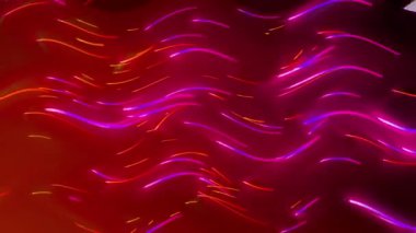 Dalgalı hareketlerle kıvrımlı renkli ışık çizgileri sağdan sola, kırmızı arkaplan, soyut.