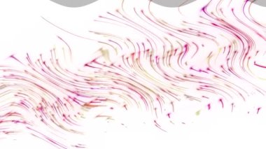 Dalgalı bir hareketle yukarı ve yana hareket eden kıvrımlı renkli ışık çizgileri, beyaz arkaplan, soyut.