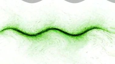 Eğri yeşil çizgi ve beyaz zemin üzerinde yüzlerce uçan parçacık, soyut.