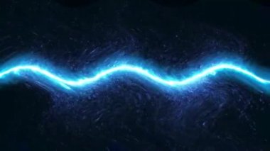 Dalgalı parlak çizgi ve ışık parçacıkları, soyut, koyu arkaplan.