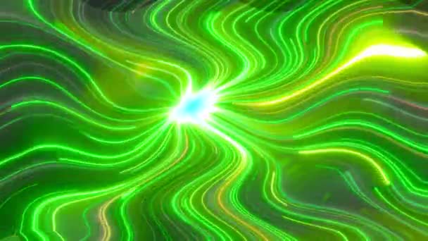 Быстро Распространяющиеся Изогнутые Зеленые Яркие Линии Света Зеленом Фоне — стоковое видео