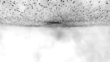 Milyonlarca siyah parçacığın patlaması, toz parçacıkları, gri duman suluboya, beyaz arka planda soyut.