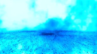 Birbirine bağlı toz parçacıklarından oluşan bir ağ milyonlarca parçacığa bölünüyor, mavi duman, parlak soyut arkaplan.