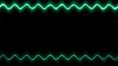 Dikdörtgen yatay dalgalı parlak neon parlak yeşil çizgiler çerçeve üzerinde titrek ışık etkisi siyah arkaplan üzerinde. Ortasında kendi içeriğiniz için bir yer var..