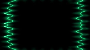 Bir çerçeve oluşturan hafif dalgalı koyu yeşil dikdörtgen neon uzun dalgalı çizgiler. Ortada kendi içeriğiniz için siyah bir alan var. ECG çizgileri, impulslar.