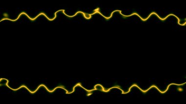 Yükselen dalgalı sarı, altın yatay, dikdörtgen neon dalgalı uzun çizgiler bir çerçeve oluşturuyor. Ortasında kendi içeriğiniz için siyah bir alan var..