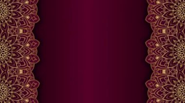Uzun dikdörtgen şeklinde süslenmiş altın yuvarlak çerçeveler, mor, kırmızı arka plan, kendi içeriğiniz için boşluk..