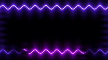 Uzun dikdörtgen yatay dalgalı mor neon renkli siyah arkaplan üzerinde uzun çizgiler hareket ediyor. Kendi içeriğiniz için boşluk.