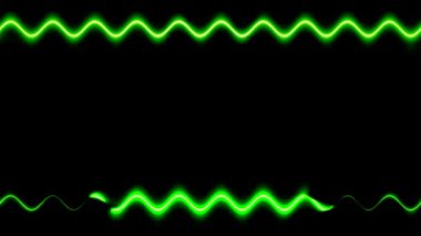 Uzun dikdörtgen yatay dalgalı yeşil renkli neon siyah arkaplan üzerinde uzun çizgiler hareket ediyor. Kendi içeriğiniz için boşluk.