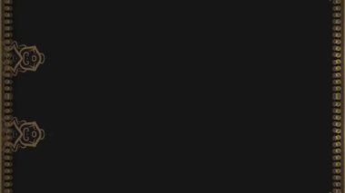 Koyu bir arka planda kahverengi süslemeleri olan dikey, dik ve uzun bir çerçevenin görünmesi, büyümesi, küçülmesi ve kaybolması. Kendi içeriğiniz için boşluk.