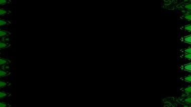 Siyah arka planda yeşil süslemeleri olan dikey, dalgalı bir çerçevenin görünmesi ve büyümesi, küçülmesi ve kaybolması. Kendi içeriğiniz için boşluk.