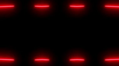 Siyah arkaplanda parlayan parlak kırmızı, dikey, yatay uzun çizgiler halinde görünen ve kaybolan bir neon. Kendi içeriğiniz için boşluk.