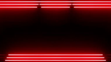 Neon görünüp kayboluyor. Siyah arkaplandaki üç katlı kırmızı dikey uzun çizgiler. Kendi içeriğiniz için boşluk..