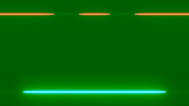 Uzun yatay, dikdörtgen turuncu-mavi ışık çizgileri, neon hareket ediyor, uzun çerçeve çizgileri oluşturuyor. Yeşil arka plan. Kendi içeriğiniz için boşluk.