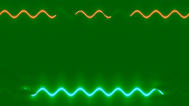 Uzun dalgalı, yatay, dikdörtgen turuncu-mavi ışık çizgileri, neon hareket ediyor, uzun çerçeve çizgileri oluşturuyor. Yeşil arka plan. Kendi içeriğiniz için boşluk.