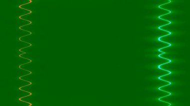 Uzun dalgalı, dikey, turuncu-mavi ışık çizgileri, neon hareket ediyor, uzun çerçeve çizgileri oluşturuyor. Yeşil arka plan. Kendi içeriğiniz için boşluk.
