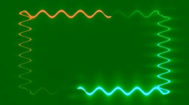 Uzun dalgalı, yatay, dikdörtgen turuncu-mavi ışık çizgileri, neon hareketli kapalı çerçeve çizgileri. Yeşil arka plan. Kendi içeriğiniz için boşluk.