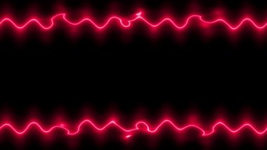 Siyah arkaplanda parlayan parlak kırmızı dalgalı, dikey, yatay uzun çizgiler görünüyor ve kayboluyor. Küçük desenler, fırfırlar. Kendi içeriğiniz için boşluk.
