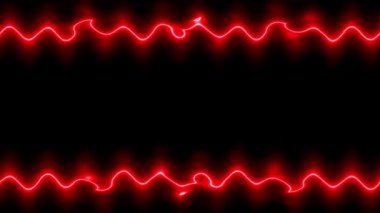 Siyah arkaplanda parlayan parlak kırmızı dalgalı, dikey, yatay uzun çizgiler görünüyor ve kayboluyor. Küçük desenler, fırfırlar. Kendi içeriğiniz için boşluk.