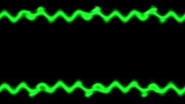 Neon görünür ve kaybolur parlak parlak parlak parlak açık yeşil dikey uzun çizgiler çerçeve siyah arka planda. Küçük desenler, fırfırlar. Kendi içeriğiniz için boşluk.