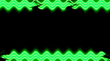 Neon görünmekte ve kaybolmakta olan parlak dalgalı üçlü keskin, açık yeşil, dikey, uzun çizgiler çerçeveli siyah arkaplan. Kendi içeriğiniz için boşluk.