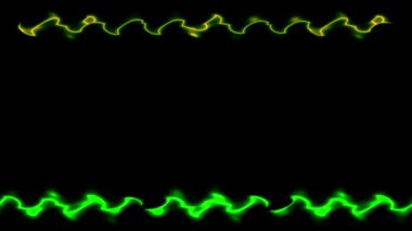 Neon görünür ve kaybolur parlak parlak parlak parlak açık yeşil dikey uzun çizgiler çerçeve siyah arka planda. Küçük desenler, dişler, fırfırlar. Kendi içeriğiniz için boşluk.