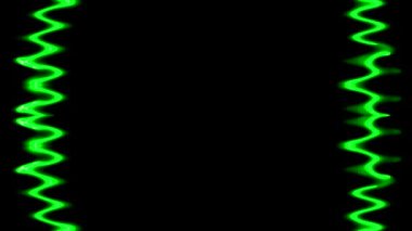 Neon, solan ve solan, dalgalı, parlak yeşil dikey dikey çizgiler siyah arkaplan üzerinde. Küçük desenler, fırfırlar. Kendi içeriğiniz için boşluk.