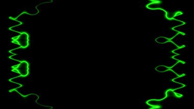 Neon, görünüp kaybolan, dalgalı, parlak yeşil dikey çizgiler siyah arkaplanda soyut çerçeveler oluşturuyor. Kendi içeriğiniz için boşluk.