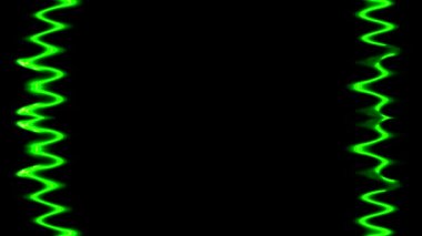 Neon, solan ve solan, dalgalı, parlak yeşil dikey dikey çizgiler siyah arkaplan üzerinde. Küçük desenler, fırfırlar. Kendi içeriğiniz için boşluk.