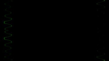 Neon, solan ve solan, dalgalı, parlak yeşil dikey dikey çizgiler siyah arkaplan üzerinde. Küçük desenler, dişler, fırfırlar. Kendi içeriğiniz için boşluk.