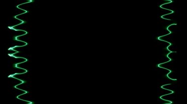 Neon solan ve solan dalgalı koyu yeşil, dikey, dikey, siyah arkaplan üzerinde uzun çizgiler. Küçük desenler, fırfırlar. Kendi içeriğiniz için boşluk.