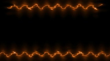 Çerçeve, uzun dalgalı dikdörtgen yatay desenler - üst - alttaki, alevli, turuncu ışık çizgileri ve siyah arkaplanda kararan ışık. Kendi içeriğiniz için boşluk.