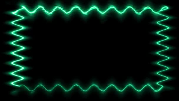 黒い背景に光の効果を揺るがす長方形の横の波の輝くネオン光沢のある緑の閉鎖した線フレーム 中央には 自分のコンテンツのための場所があります — ストック動画