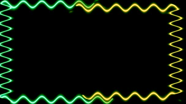 长长的矩形水平波浪色彩艳丽的橙色绿色霓虹灯在黑色背景上围绕着光合的框架运动 为自己的内容留出空间 — 图库视频影像