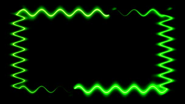 Uzun Dikdörtgen Yatay Dalgalı Yeşil Neon Siyah Arkaplanda Işık Çerçeveleri — Stok video