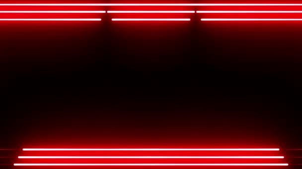 Neon Verschijnen Verdwijnen Gloeiende Driedubbele Rode Loodrechte Horizontale Lange Lijnen — Stockvideo