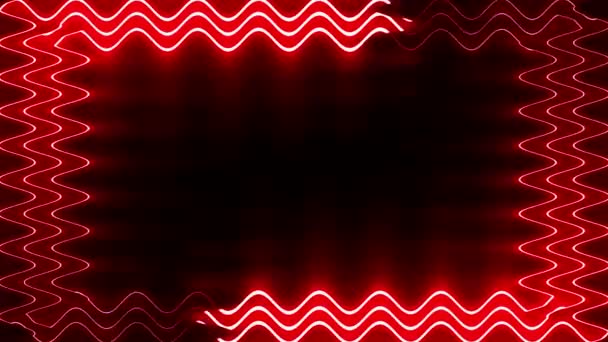 霓虹灯的褪色和褪色在黑色背景上的发光波浪形三重红色矩形线框架 为自己的内容留出空间 — 图库视频影像